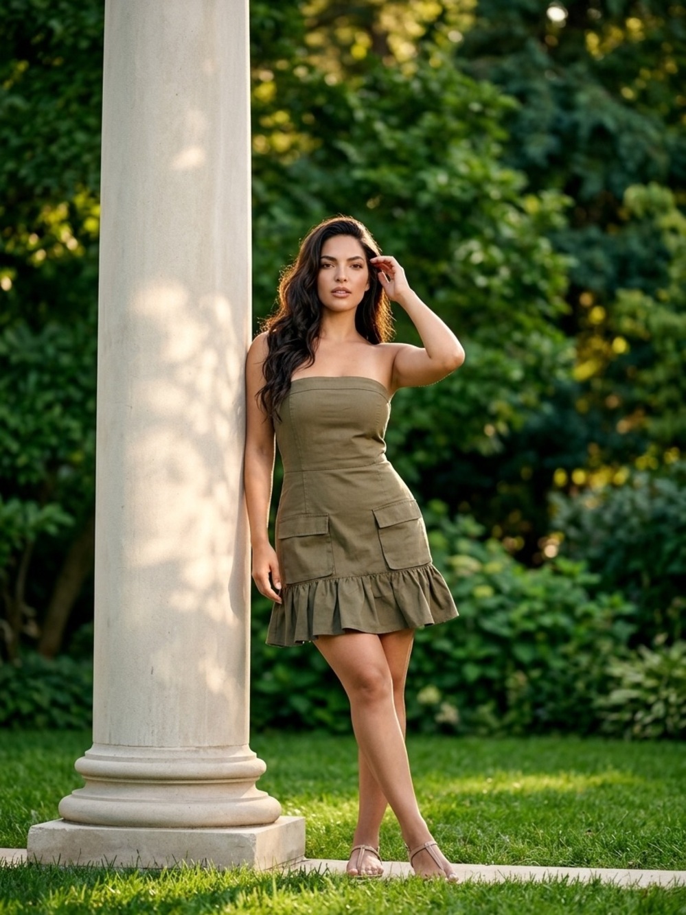 Strapless Olive Ruffle-Hem Mini Dress